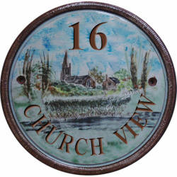 7 Inch Hand Painted Pottery House Sign with a Church
