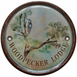 9 Inch House Name Sign with Woodpecker in Tree